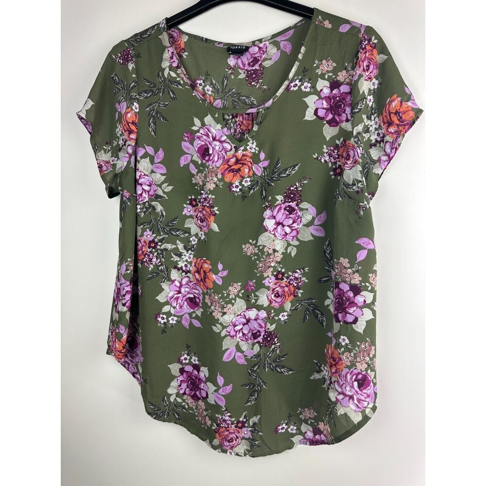 ✨2/$20 $Torrid Floral Georgette Keyhole Blouse Green Semi Sheer Plus Size 1 1X - Picture 9 of 9